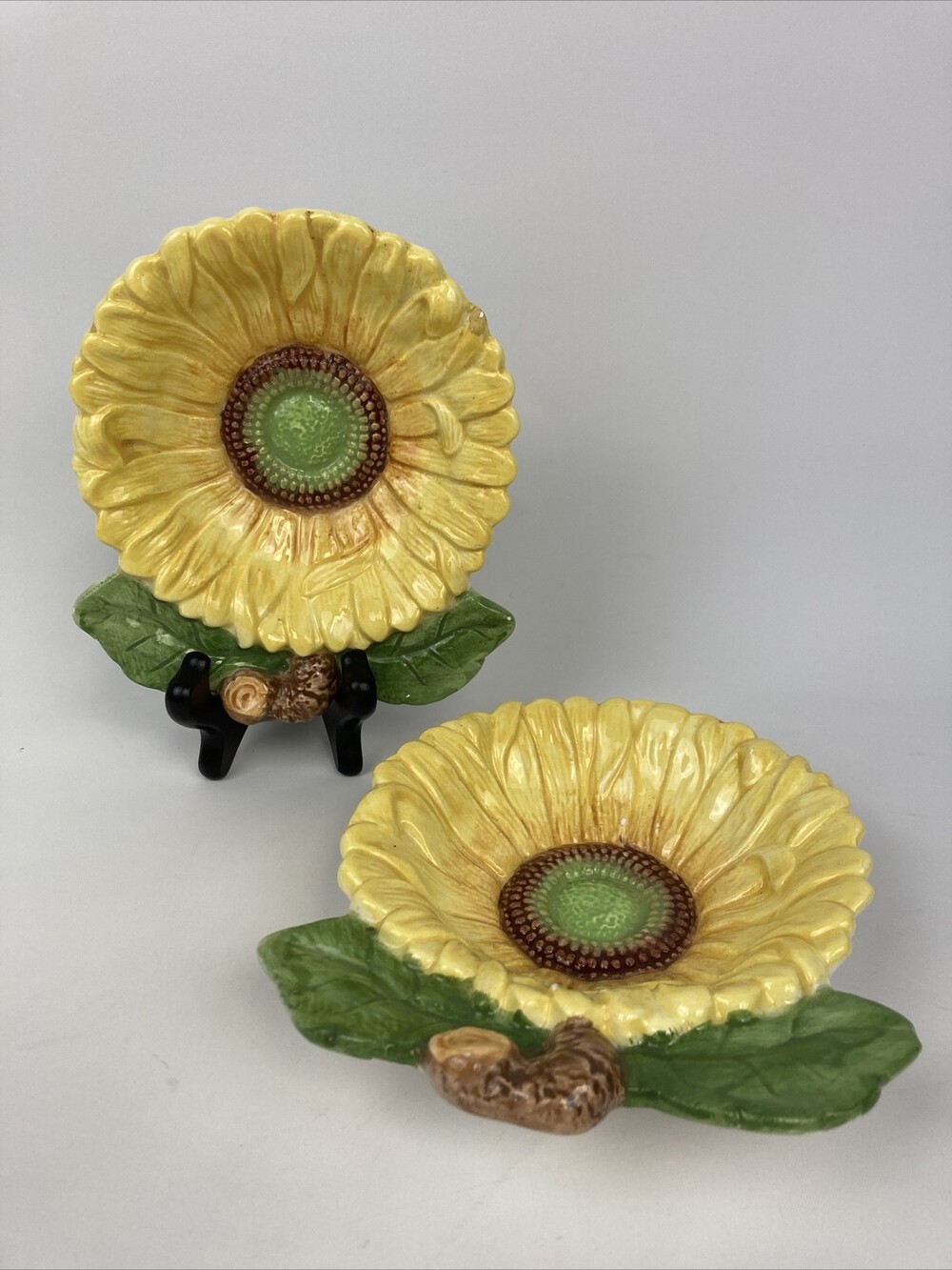 Set 2 Sunflower 6" Bowl Candy Dish Art Ceramic Pottery Home Decor Trinket Floral